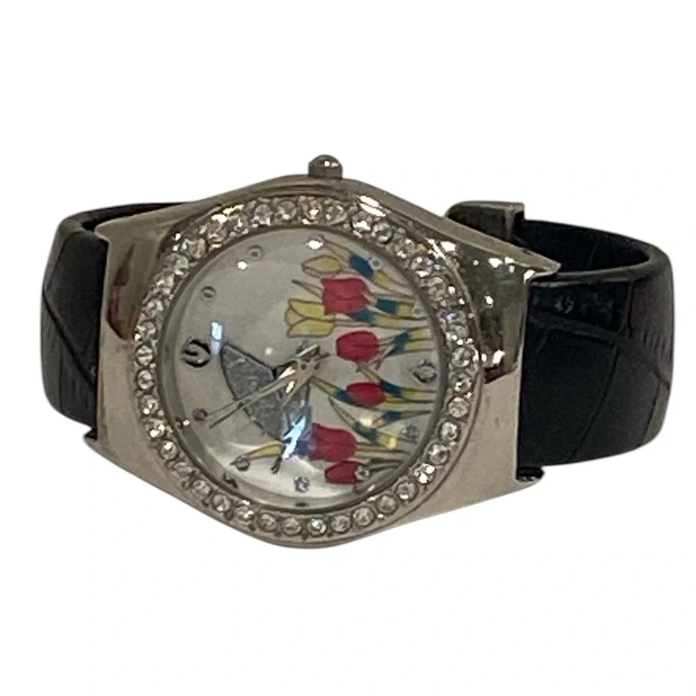 Butterfly Tulips Rhinestone Leather Band Cuff Watch - NEEDS BATTERY